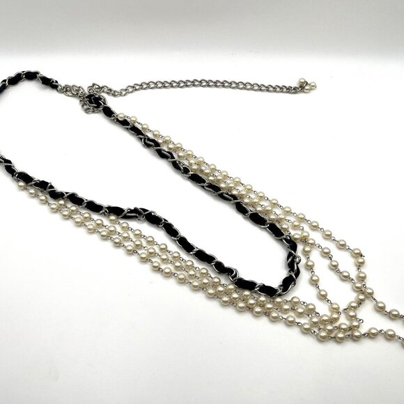 Multi-Strand Faux Pearl Necklace Black Ribbon & Silver Chain Layered Statement - Picture 2 of 5